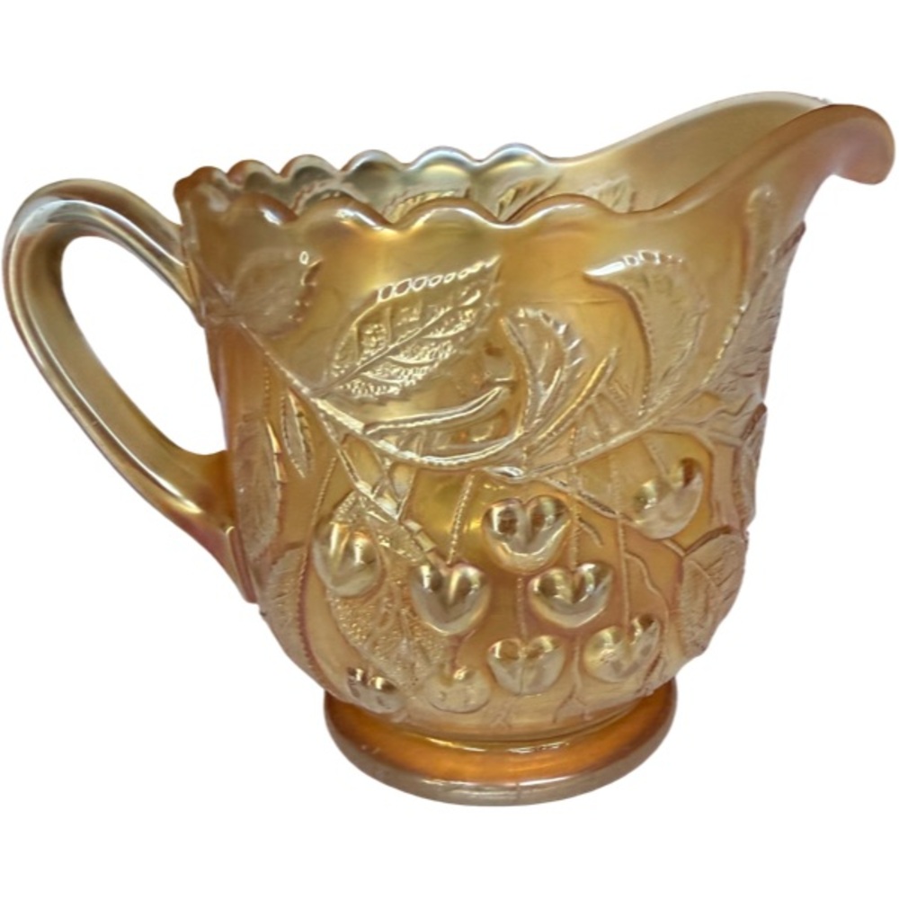 Vintage Marigold Carnival Glass Creamer with a Drop Cherry Pattern